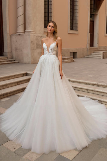 Ivory Backless A Line Sweep Train Wedding Dress With Lace
